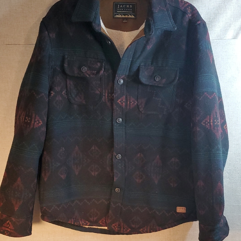 Jachs Men's NY Patterned Jacket in Indigo and Burgendy Sz large Multi- Pockets